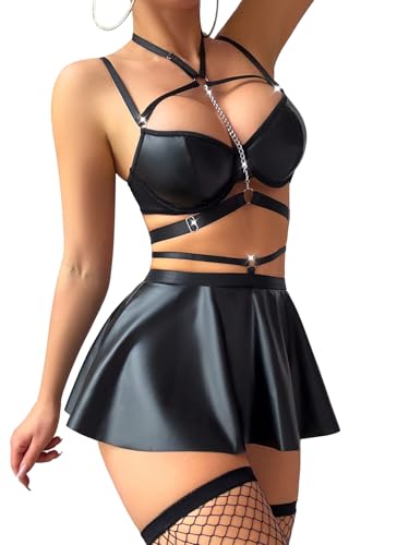 Sexy Stocking Chain Strappy Pu Leather Underwire Choker Mini Skirt Dress Lingerie Set with Thong 4 Piece Outfits4