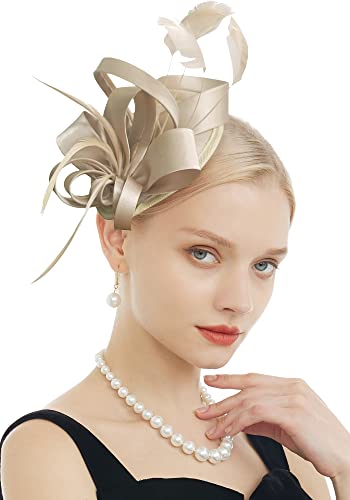 Felizhouse Fascinator Hats Hat Tea Party Feather Hair Clip Bridal Headpieces Ascot Headband For Women (Gold) #TOP6