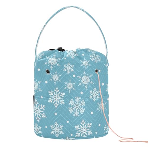 Image of Winter Snowflake Blue Crochet Yarn Bag with Handle Portable Knitting Project Bags Travel Yarn Storage Organizer Holder Case Women Men Gifts