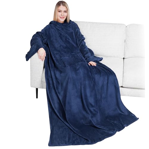 PAVILIA Wearable Blanket with Sleeves for Adult Women Men Cozy Fleece Warm Wrap Throw Blanket with Arms Pocket Gifts for Christmas Wife Navy Blue