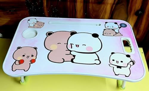 Image of Foldable Kids Study Table - Portable Multipurpose Bed Desk with Cup Holder & Handle, Cartoon Dudu and Bubu Design for Study, Drawing, Reading, Eating, Writing