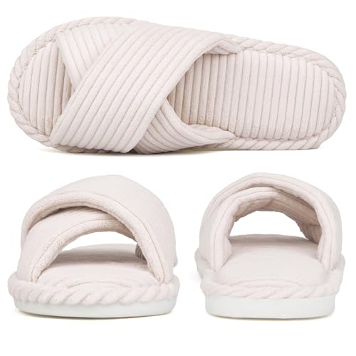 House Slippers for Women Corduroy Cross Band Slippers Open Toe Bedroom Indoor Shoes with Memory Foam3