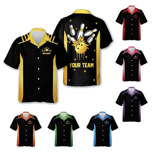 LASFOUR Custom Funny Bowling Shirts with Name Retro, Vintage Bowling Button-Down Short Sleeve Hawaiian Shirt Bowling for Men