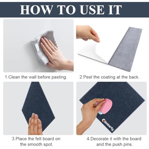 Image of Climberty 6-Piece Felt Board Bulletin Board 30x30cm Self-Adhesive Wall Panels with 50 Pushpins, Felt Message Board for Notes, Photos and Schedules Compatible with Home Office Decor (Blue)