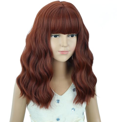 Image of Dark Orange Wig Short Orange Wavy Curly Wigs Wig with Air Bangs Synthetic Cosplay Hair Wigs