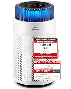 COWAY Luftreiniger Allergiker – Superleise, mit Schlafmodus & Stimmungslicht, entfernt 99, 999 % Partikel bis 0, 01 µm, mit ECARF-Siegel, gegen Pollen, Staub & Tierhaare, CADR 244 m³/h, AIRMEGA 100