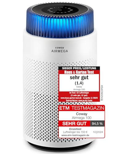 COWAY Luftreiniger Allergiker – Superleise, mit Schlafmodus & Stimmungslicht, entfernt 99,999 % Partikel bis 0,01 µm, mit ECARF-Siegel, gegen Pollen, Staub & Tierhaare, CADR 244 m³/h, AIRMEGA 100