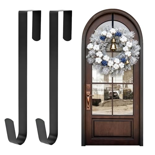 JuanYi 2 Pack Christmas Wreath Hanger for Front Door, 12 Inches Metal Over Door Hook for Wreaths, Non-Slip Wreath Hook for Christmas Decorations, Wedding Wreaths, Party Decor, Home Office, Black