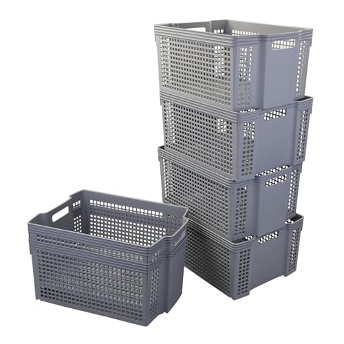 Rinboat Large Plastic Stacking Storage Baskets, Grey, 6-Pack