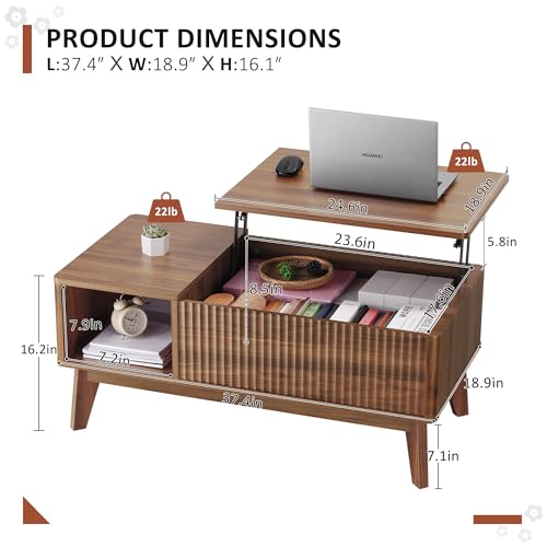 LYNCOHOME Fluted Lift Top Coffee Table with Storage, Modern Coffee Table for Living Room, Home Office Walnut by LYNCOHOME - Image 2