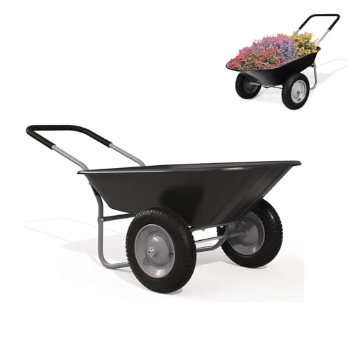 GYMAX Carretilla de Jardín de 100 litros de Volumen con 2 Neumáticos de Aire, Carretilla de Transporte con Asa, Carretilla de Construcción de hasta 100 kg, Apto para Patio y Almacén (Negro)