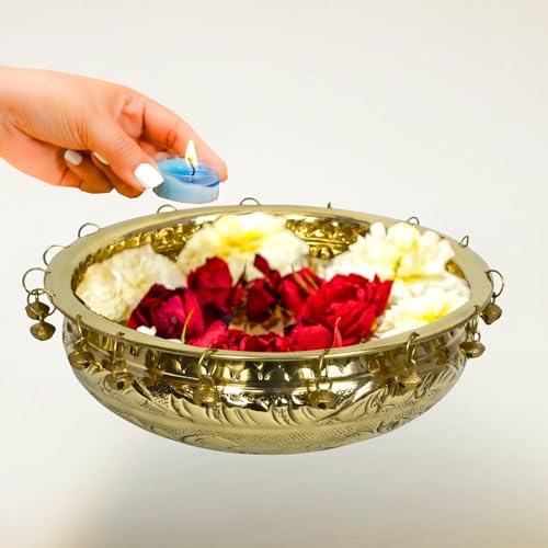 Image of Decorative Brass Urli Bowl with Bells | Traditional Indian Flower Bowl for Floating Diyas & Marigolds | Antique Gold Finish for Festive Decor (6 inch) (8 inch)