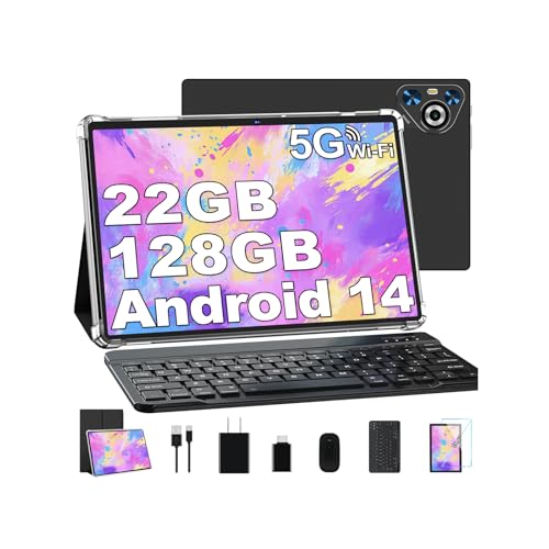 Dghrti 10 Inch Tablet, 22GB RAM+128GB ROM+1TB Expand, Android 14 Tablet with Keyboard and Mouse, 8000mAh Battery, 1280x800 IPS Display, Octa-Core CPU, Support BT5.0, GPS, WiFi - Black