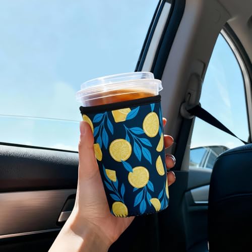 Image of Reusable Insulated Sleeve for Iced Coffee Cup, 3-Pack Coffee Neoprene Drink Sleeve for Cold & Hot Drinks, Beverage Holder for Iced Coffee (Navy Lemons)