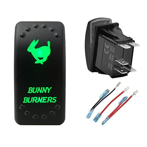 Image of Green Backlit Rocker Switch 5 Pin ON-Off Laser Etched Button Switch with Wires for Car Marine Boat UTV 20A /12V 10A /24V (Bunny Burners)