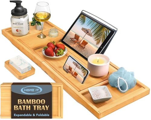 Home It Premium Foldable Bathtub Tray - Bamboo Waterproof Bath Tray for tub Caddy - Wooden Holder for Wine, Book, Soap, Phone, Luxury Gift for Men & Women - Expandable, Fits Most Tubs in Bathroom by HOME IT - Used condition - US$19.82