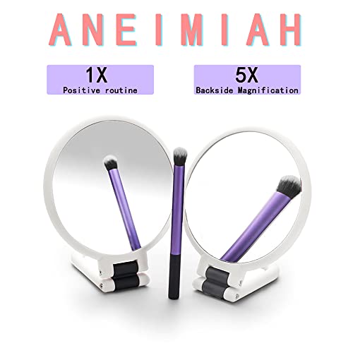Aneimiah 1X 5X Travel Magnifying Makeup Vanity Mirror, Foldable Compact Mirrors For Women 360°Rotating Hand Held Cosmetic Mirror With Handle Double Side Desk Tabletop Vanity Round Mirror White #TOP1