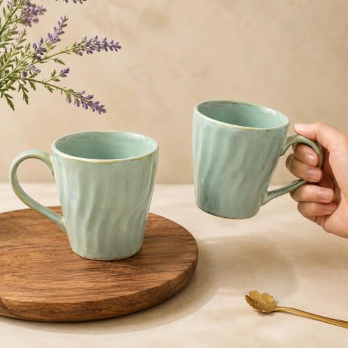 Image of The Earth Store Green Artisan Wave Coffee Mug - 340ML Ceramic Coffee Mugs Set of 4 | Microwave & Dishwasher Safe Mugs for Gift | Home | Office | Restaurant | Daily Use Tea Mug