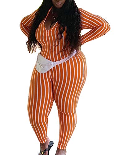 BIUBIU Women's Sexy Zip Up Striped One Piece Outfits Deep V-Neck Long Sleeve Bodycon Party Clubwear Jumpsuit Romper (S, Orange)