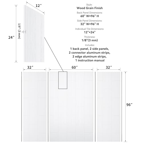 Bathlink Shower Wall Panels Waterproof, 32D x 60W x 96H, Solid Surface Shower Wall Panels, Shower Surround Wall Kit, White Wood Grain Finish, 1/8" (3mm) Thick, Trimmable