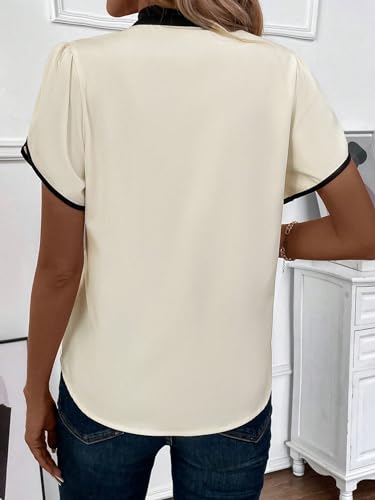 Verdusa Women's Contrast Binding Tie Neck Petal Sleeve Work Blouse Top2