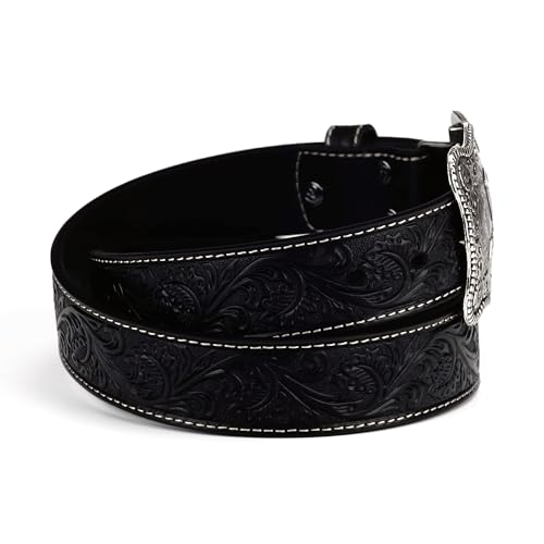 ARIAT Floral Embossed Leather Men's Belt - Black Genuine Leather Belt with Antique Silver Embossed Plate Buckle3