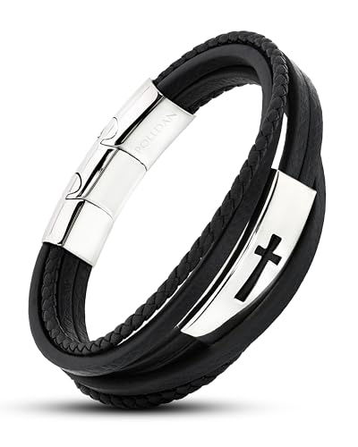 POLLDAN Cross Bracelet for Men - Genuine Leather Religious Bracelets | Stylish Christian Bracelet for Men - Perfect Faith Accessory | Mens Cross Bracelets - Christian Jewelry (Grace)
