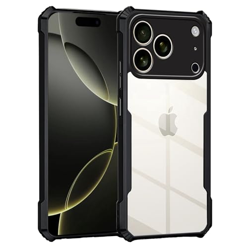 Image of amazon basics Clear Back Cover Case for iPhone 17 Pro | 360 Degree Protection | Transparent Back Cover Case for iPhone 17 Pro (PC & TPU, Black Bumper)