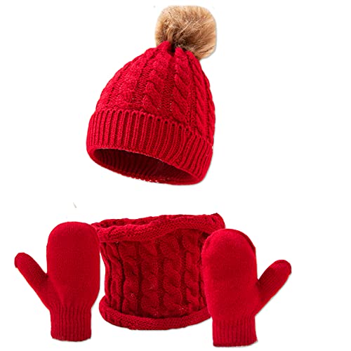 Baby Winter Hat Scarf Mitten Set, Toddler Warm Pom Pom Hat Kids Knit Beanie Ski Cap for Girls(6-36 Months)(Red 3pcs Set)