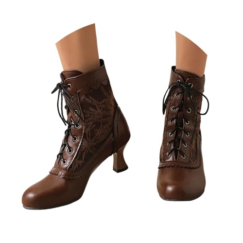 Generisch Botas victorianas vintage para mujer, vestido de Lolita, botas con cordones, botines de media pantorrilla, con cremallera lateral, tacones medios, botas de entretiempo con cordones, marrón
