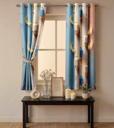 Image of Ultimate Trends Festival Themed Light Filtering Polyester Curtain Lanterns & Crescent Moon Print | Ideal for Festivals, Living Room Dcor | Eyelets|, 6 FEET (Pack of 2)