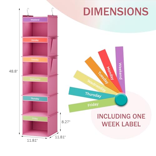 6-Shelf Weekly Hanging Closet Organizer, Weekly Clothes Organizers for Kids with 2 Side Pockets, Pink - Image 4
