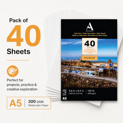 Image of ArtRight Artists Watercolor Paper (A5 Pack of 40 Sheets, 300 GSM); Handmade Watercolour Paper for Artists