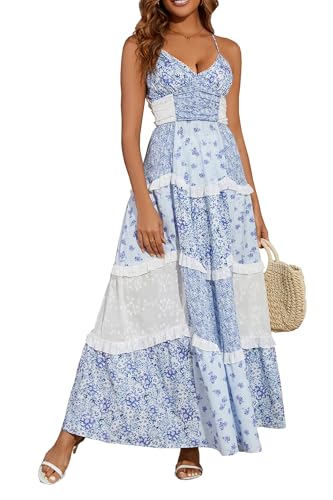 Image of Women Floral Maxi Dress Spaghetti Straps V Neck Lace Patchwork Flowy Tiered Boho Beach Sundress Long Dresses