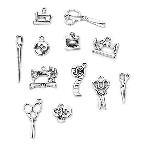 Sewing Charms Collection, 24 Pieces Mixed Antique Silver Scissor Yarn Button Sewing Machine Charm Pendants for DIY Jewelry Making and Crafting Cover