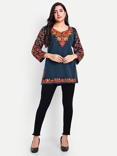 Image of HAUTEMODA Women Woollen Short Kashmiri Embroidery Phiran Kurta