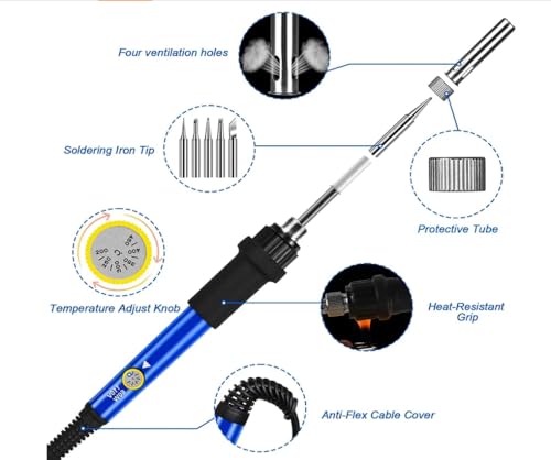 Image of 60WTemperature Adjustable,Professional Soldering Iron Kit, Fast Heating, 5 Iron Tips, Blue