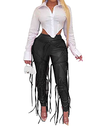 xxxiticat Women's Lace Up Bandage Trousers Mid Waist PU Faux Leather Tassel Fringe Criss Cross Drawstring Bodycon Pants