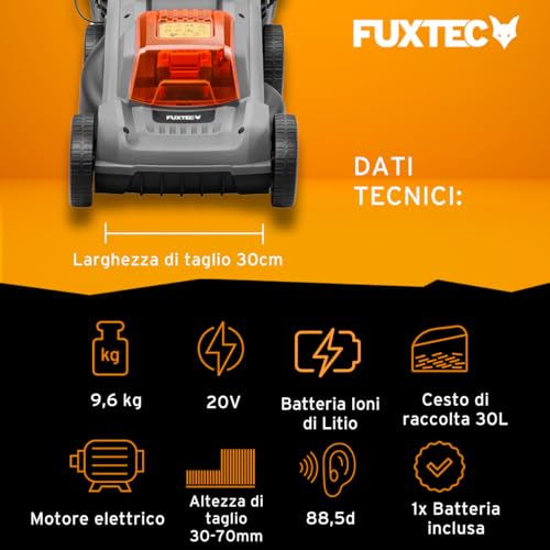 Fuxtec Tagliaerba a Batteria 20V E1RM20ECO-SET, Batteria 4Ah + Caricabatterie, per Giardini Piccoli e Medi, Larghezza di Taglio 30cm, Cesto di Raccolta 30L, Altezza di Taglio Regolabile 30-70mm - 3