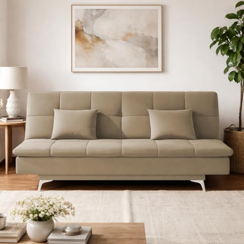 Image of Adorn India Premium New Aspen 3 Seater Sofa Cum Bed 4X6 Velvet Suede with 2 Cushions (Color Beige) and Suitable for All Indoor, with 3 Years Warranty