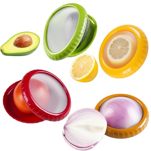 Recipientes (mejorados) de Silicona Reutilizables 4 Unidades Recipientes Hermeticos para Alimentos Almacenamiento para Frutas Verduras Tomate Aguacate Limón Caja para Comida en Nevera