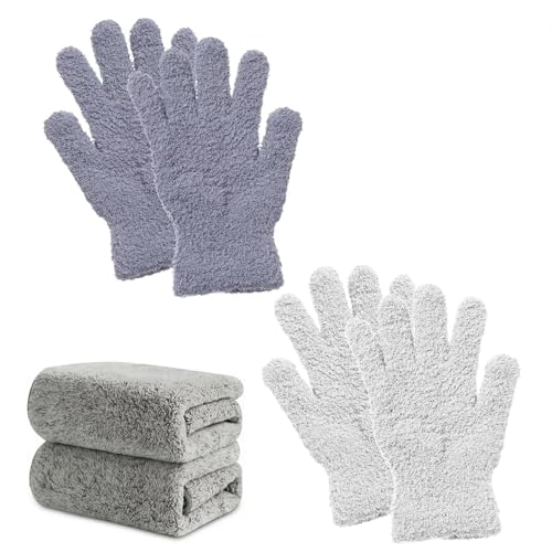 KxrTpx Minky Dusting Gloves for Cleaning Car Cleaning Gloves and Microfibre Gloves 4-Piece Set with Grey and White Dusting Gloves 25 by 25 cm Locked Edge Design for Multi-Surface Dusting Tasks