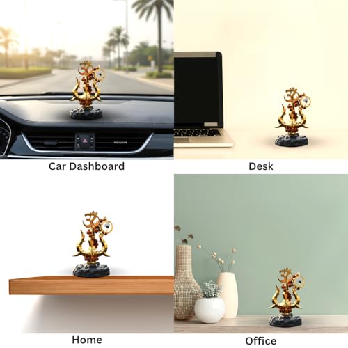 Image of Gold Finish Om Trishul with Damroo & Rudraksha Mala - Divine Lord Shiva Idol for Home, Office & Car Dashboard