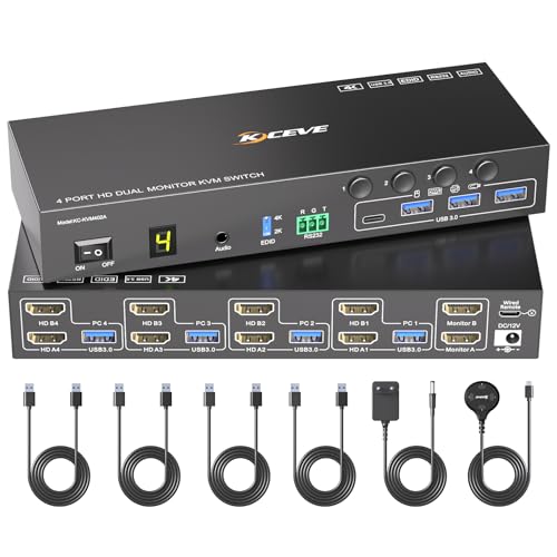 4 Puertos HDMI KVM Switch 4 PC 2 Monitores 4K@60Hz Simulación EDID,Dual Monitor KVM Switch con 4 Puertos USB 3.0 para Periféricos USB, Audio, RS232, Controlador de Escritorio y 4 Cables USB