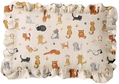 1 Pack Toddler Pillowcase - 13x18 Cotton Muslin Pillow case with Ruffles, Envelope Closure No Zipper Design, Cute Cartoon Soft Breathable Pillow Case for Kids Baby Toddler Girls Boys, Cat