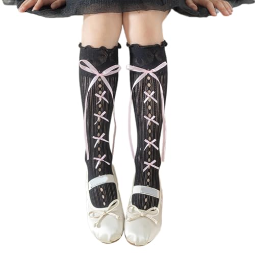1 Pair Sweet Styled Middle Calf Socks for Kids with Lace and Bowknot Design Soft and Breathable Nylon in Tube Socks