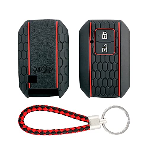 Image of Keycare Silicone Key Cover and Keychain Compatible for Glanza, Urban Cruiser Taisor, Rumion, Urban Cruiser Hyryder 2 Button Smart Key (Black with KC Mini Red Black Keyring)