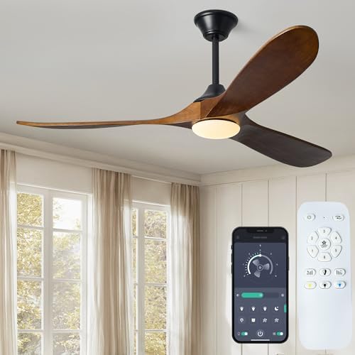 60 Inch Solid Wood Ceiling Fans with Lights, Remote APP Control 3 Propeller Blades Indoor Outdoor Ceiling Fan, Large Airflow Noiseless DC Motor Wooden Ceiling Fan for Patio Living Rooms Farmhouse