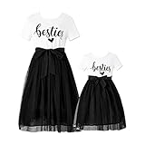PATPAT Mommy and Me Matching Short-Sleeve Cotton Solid Mesh Tulle Belted Long Dresses Girl 2 Years