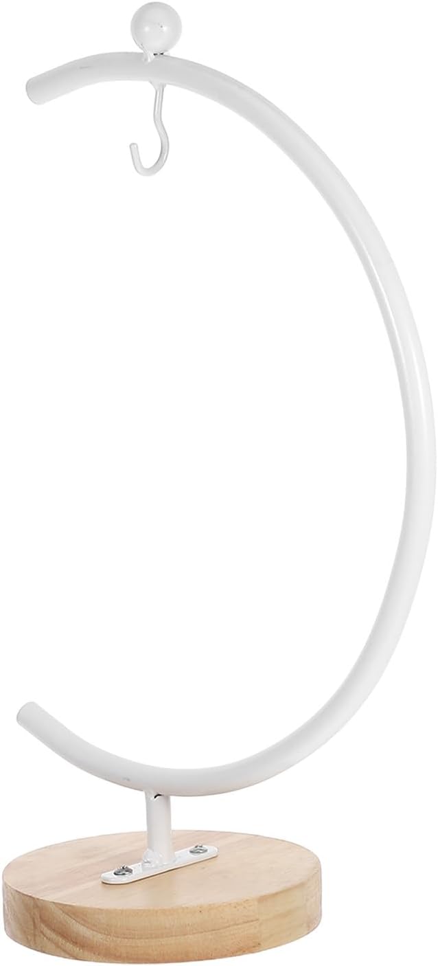 Ornament Display Stand Hanging Globe Holder G-shaped Metal Hook with White Wooden Base for 12-20cm Diameter Hanging Bottles Indoor Terrarium Holder